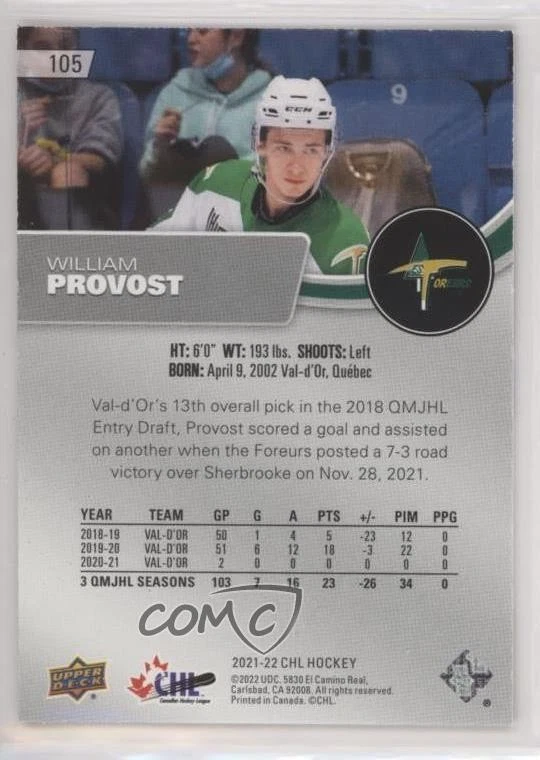 2021-22 Upper Deck CHL High Gloss /10 William Provost #105 - Image 2 of 2
