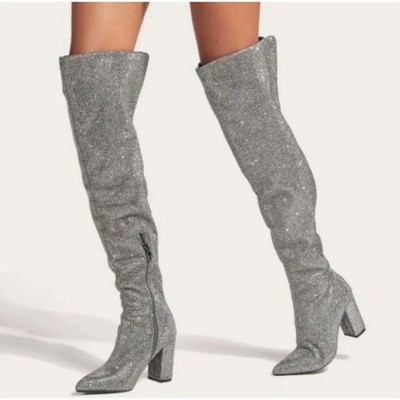 GB Gianni Bini Silver QUEEN BEE Rhinestone Over The Knee Block Heel Boots 7.5M