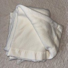 Vintage Ivory Thermal Waffle Weave Nylon Satin Trim Baby Blanket Security Nice