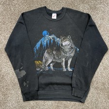 Vintage Wolf Nature Sweatshirt Mens Size L Jerzees Made in USA Long Sleeve STAIN