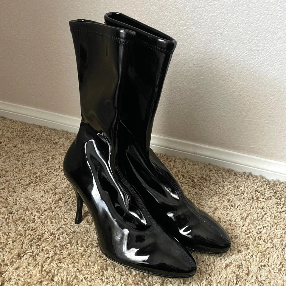 Stuart Weitzman Boots Womens Size 10 Black Slaine 80 Stretch Vinyl Sock Calf - Image 3 of 4
