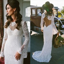 Boho Mermaid Wedding Dresses O-Neck Long Batwing Sleeves Backless Bridal Gowns