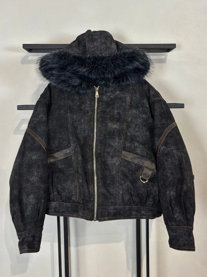 VTG AVANT GARDE JAPANESE HYSTERIC STYLE DENIM BOMBER FUR HOODED JACKET 90s Y2K - Image 3 of 4