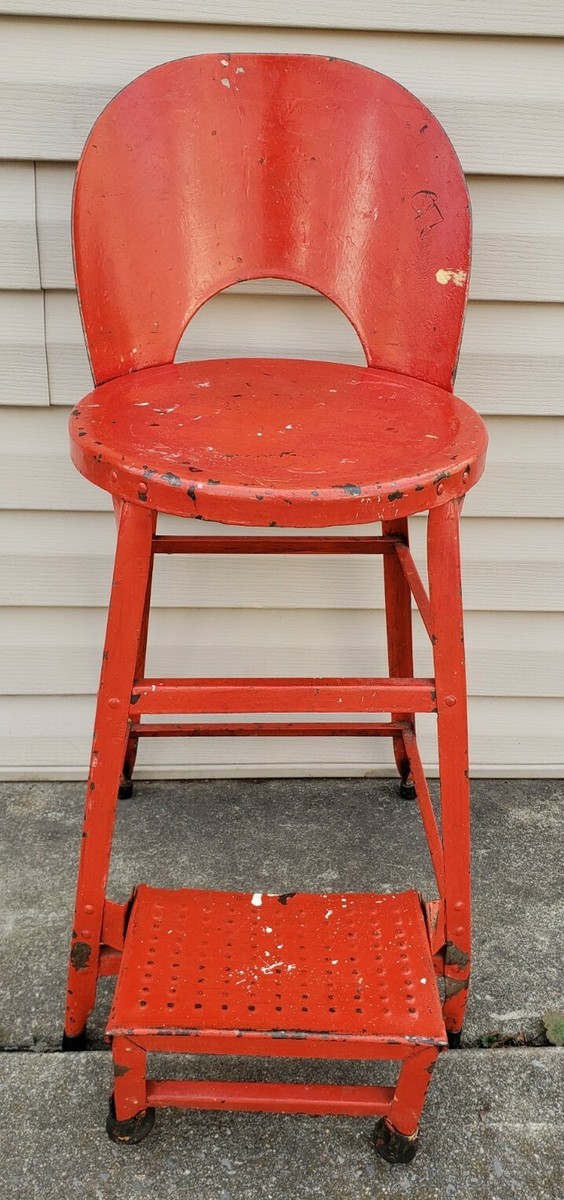 Vintage Retro MCM Red Metal Chair Farmhouse Kitchen Stool Mid