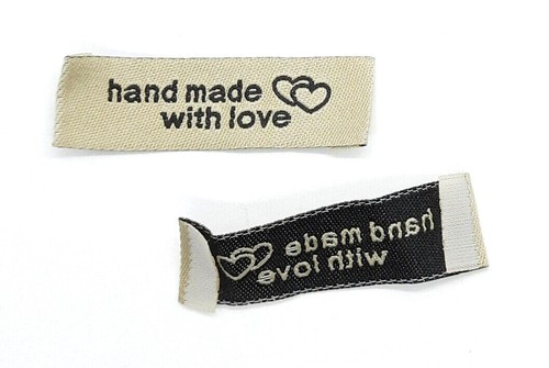 6 Aufnäher Textil Etiketten, Labels - HAND MADE with Love - 48mm X 14mm - Bild 4 von 5