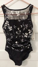 Vtg Nwts Mainstream Ladies Size 8 Black Flora1 1 Piece Swimsuit USA Union Made