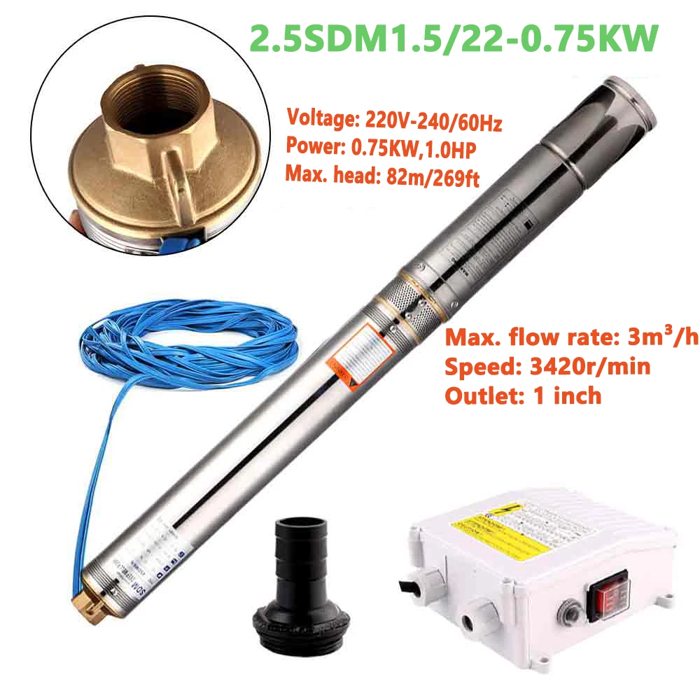 260FT 1.5HP Deep Well Pump Submersible 150L/MIN Stainless Steel Underwater Bore Long Life
