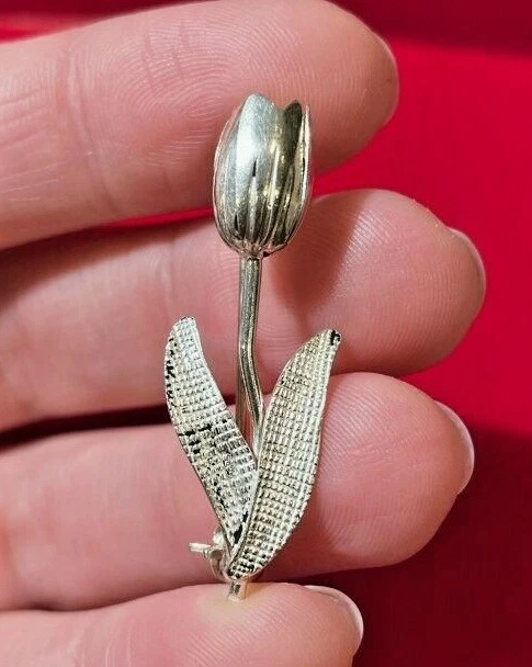 Vintage British Dainty Silver 835 Signed Tulip Flower Leaf Brooch 4a 11.6
