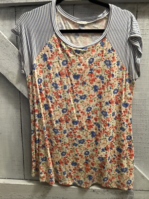 E Luna Striped Sleeve Floral Raglan Blouse Size Medium Multicolor Botanical