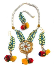 Ambika Designs Yellow Pom Pom And Golden Colour Gotta With Pearl Handmade Set