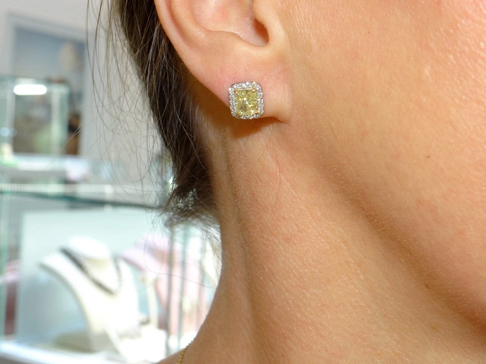 GIA Platinum 18k Gold 2.37ct Fancy Yellow Cushion Cut Diamond Halo Stud Earrings - Image 2 of 4