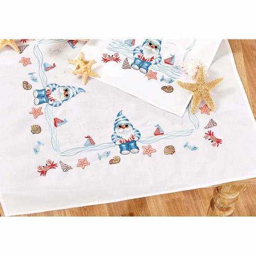 Village Linens™ Blue Maritime Gnomes Table Topper Stamped Embroidery Kit