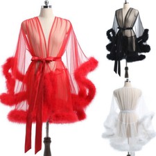 Women Sexy Tulle Feather Robe Lingerie Nightgown Bathrobe Lace-up Sleepdress