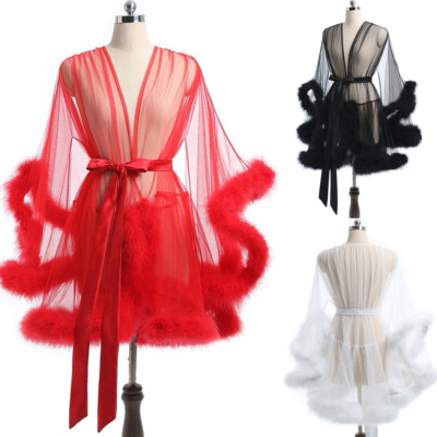 Women Sexy Tulle Feather Robe Lingerie Nightgown Bathrobe Lace-up Sleepdress