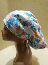 White Bunnies Easter Women's  Euro/Chef Surgical Scrub Hat/Cap Handmade