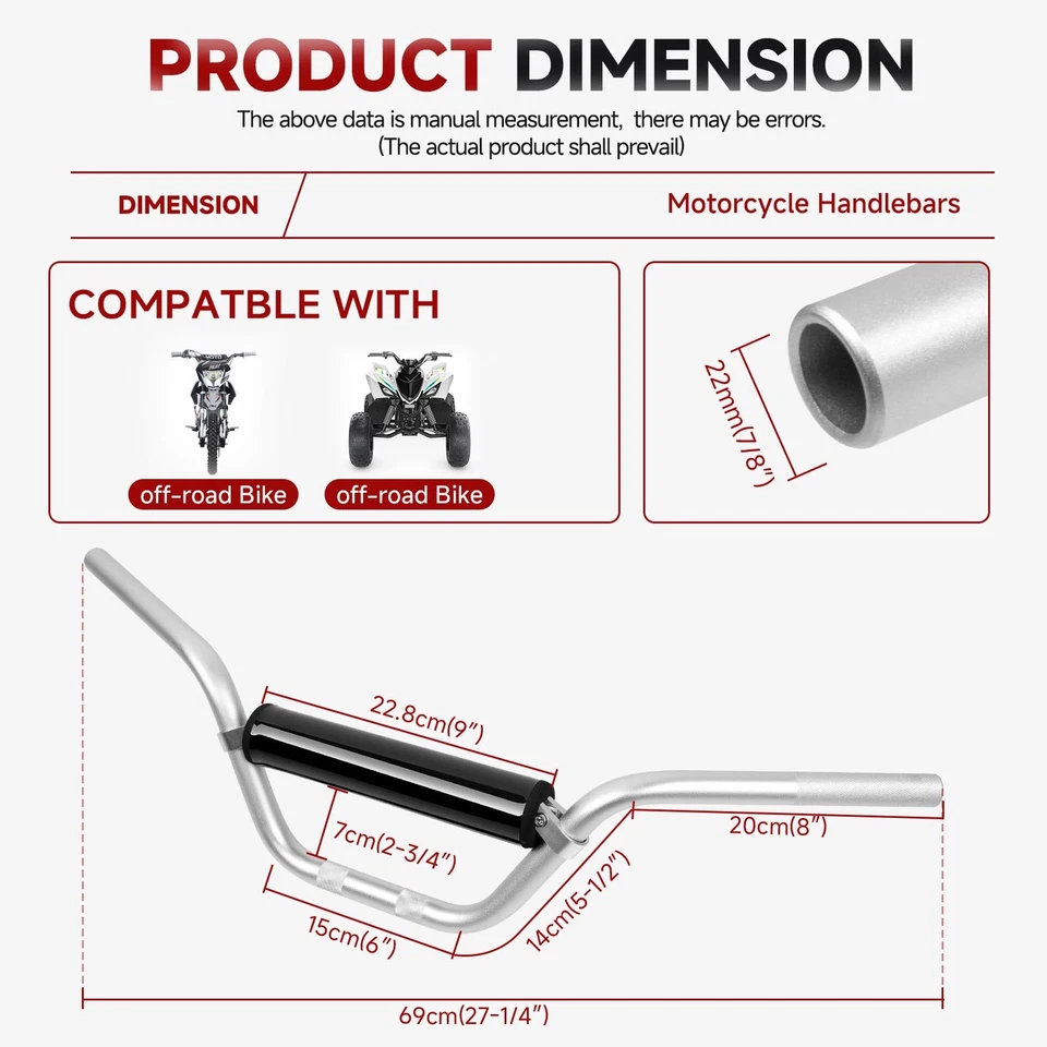 For Honda XR80R XR100R XR200R 250R 7/8" 22mm Handlebar Dirt Bike Bar w/ Foam Pad - Image 3 of 4