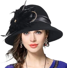 Women's Wool Church Dress Cloche Hat Plumy Felt Bucket Winter Hat