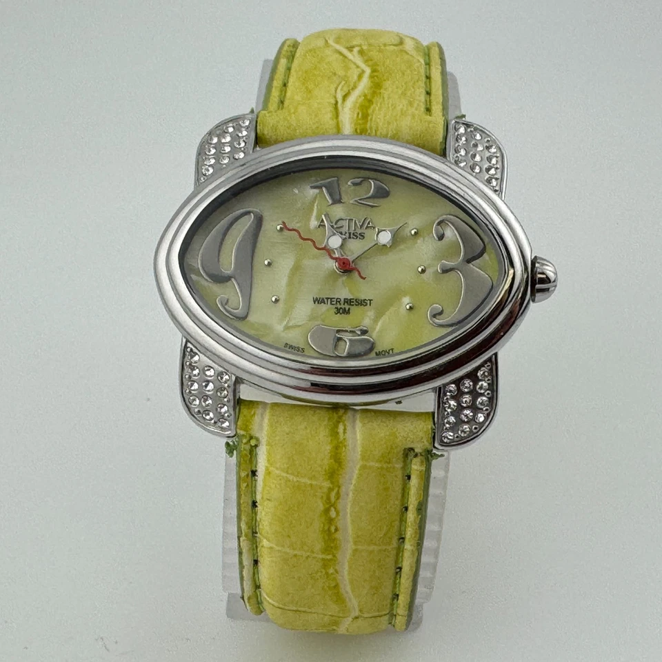 Activa Swiss Quartz Watch Unisex 30m Silver Green Wide Oval Analog New Battery - Image 2 of 4
