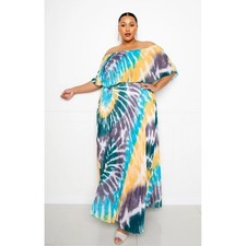 Thick Women 3X Tie Dye Pleated Off Shoulder Maxi Dress BD92158X-4 Teal Yellow