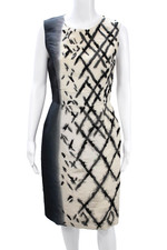 Oscar de la Renta Womens Sheath Silk Sleeveless Beige Round Neck Dress Size 4