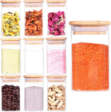 10 Pcs Glass Spice Jars - 8Oz Empty Square Spice Storage Containers with Bamboo