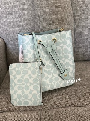 NWT Coach Rowan Bucket Bag In Signature Canvas CEZ36 Light Blue Pouch Shoulder