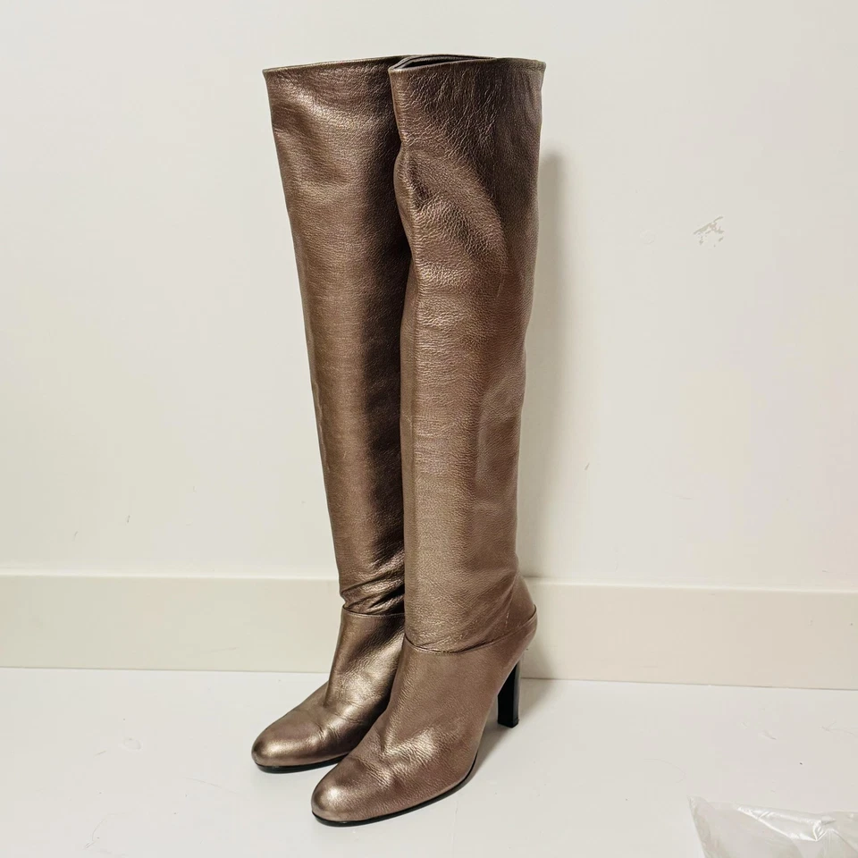 Stuart Weitzman Boots Womens 8 Brown Gold Metallic Leather Knee High Heel - Image 4 of 4