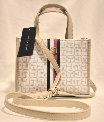 Tommy Hilfiger Beige Brown Monogram Tote Bag with Striped Accent & Gold Hardware