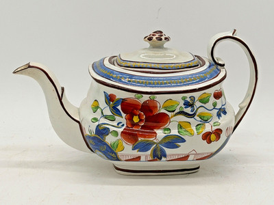 Antique Gaudy Dutch  Teapot single rose vibrant color oyster Staffordshire folk