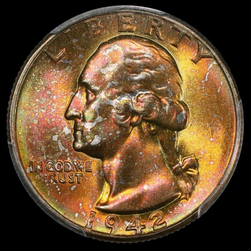1942 P Washington Quarter PCGS MS67+ CAC Plus Grade Rainbow Toned Monster Color - Picture 1 of 13