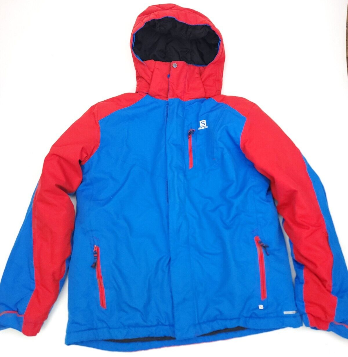 Giacca da sci Salomon bambina taglia 14 anni XL con cappuccio pelle avanzata cappotto asciutto blu rosso