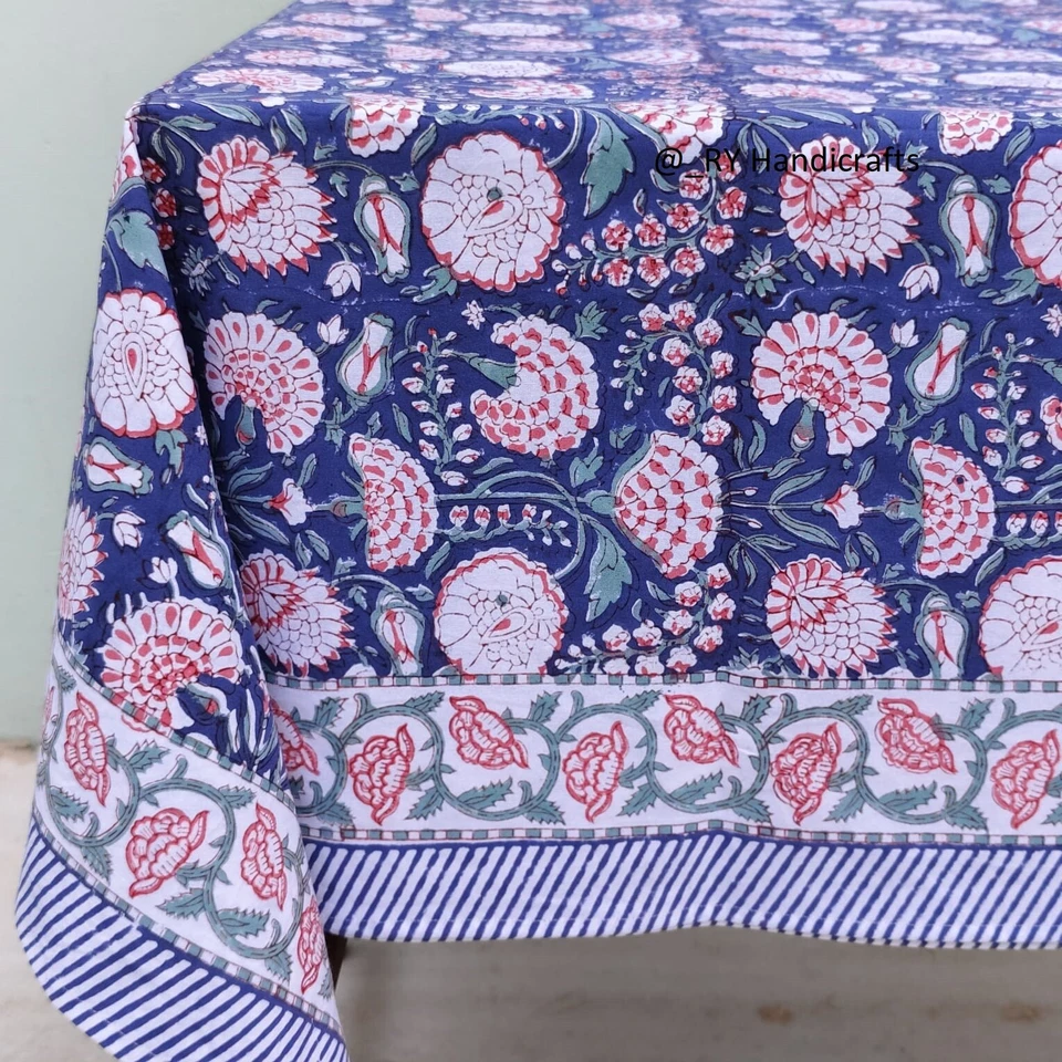 Blue hand Block Printed tablecloth Indian Floral Cotton Custom Table cover - Image 4 of 4