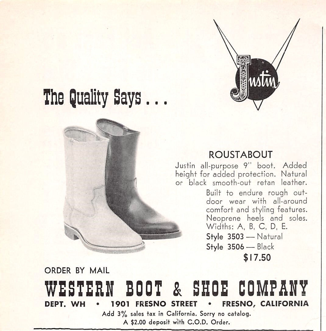 Western Boot & Shoe Co Justin Boots Roustabout Fresno CA Vtg Magazine Print Ad