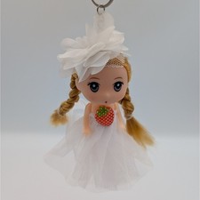 Korean Ddung Doll Keychain Strawberry White Tulle Dress Blonde Braids Bag Charm