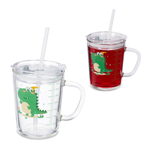 Kindergläser 2er Set Glasbecher Strohhalmgläser Henkelbecher Dino Kinderbecher - Bild 1 von 10