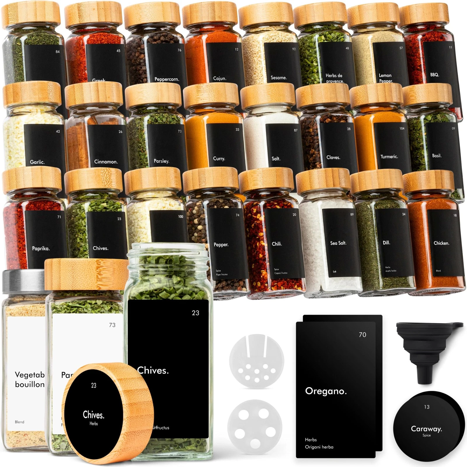 KIVY Spice Jars with Labels 24x 4oz Glass Seasoning Containers with Airtight ...