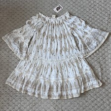 New Sumitra Boho Dress White Gold Free Size Festival Gypsy Smock Bardot Cover up