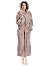PAVILIA Women's Cozy Taupe Hooded Fleece Robe - Fluffy Warm Bathrobe S/M