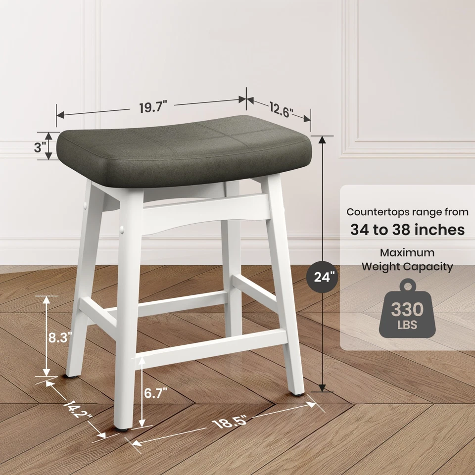 24" Bar Stools Set of 4/3/2/1 Counter Height Saddle Stools White Solid Wood Legs - Image 2 of 4