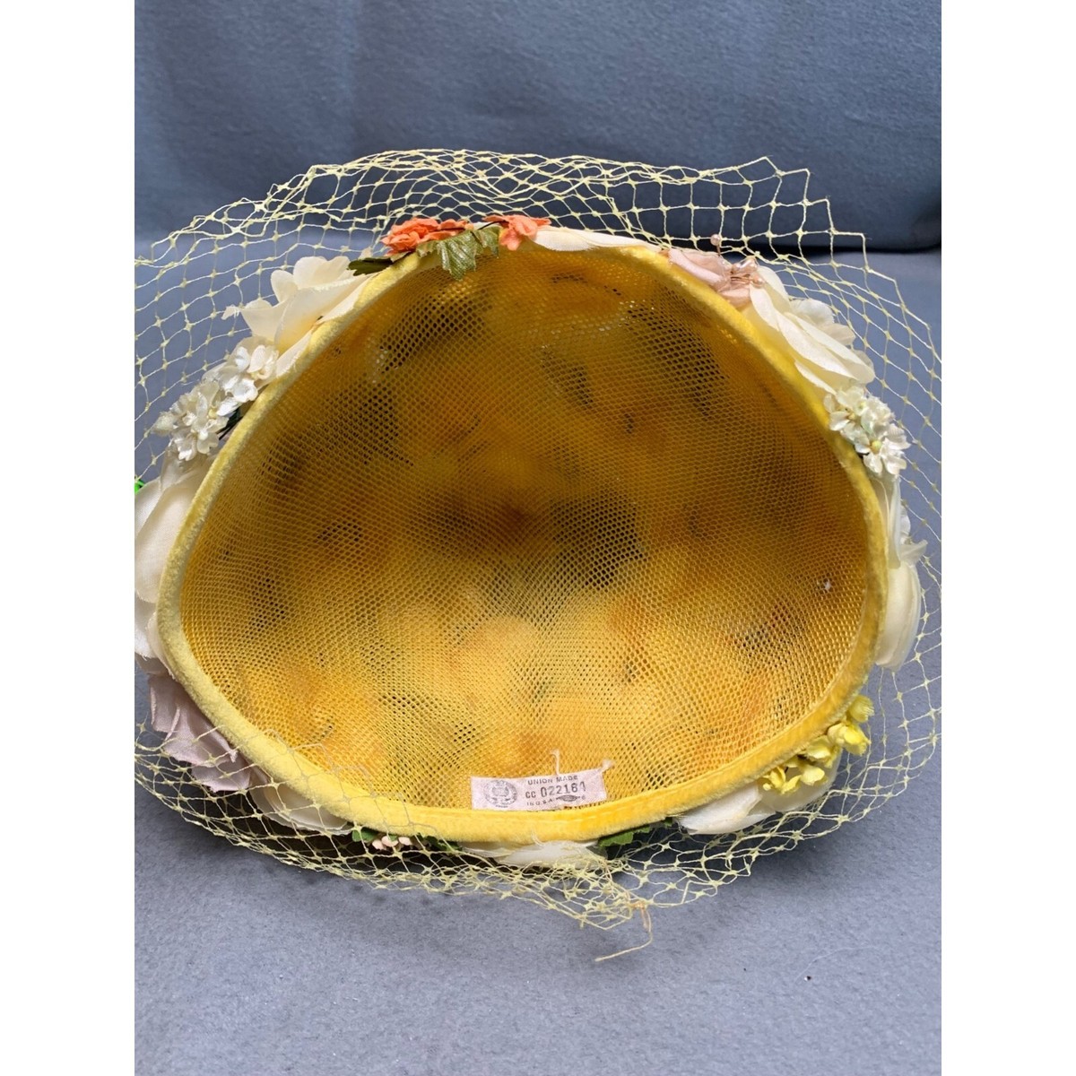 Vintage 1950s Floral Net Hat with Yellow Veil Union Made 23 