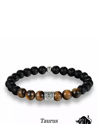 Taurus Zodiac Bracelet Black Faux Onyx Tiger Eye Constellation - Main Image