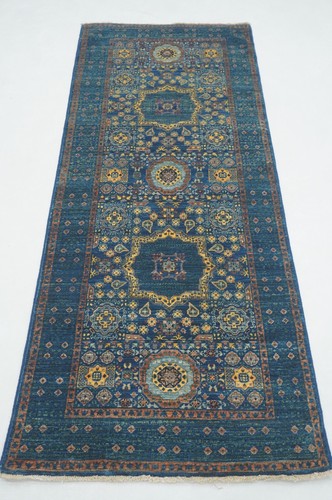 3 x 7 ft Navy Blue Mamluk Afghan Hand knotted Runner Rug