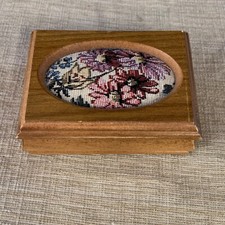 Vintage Jewelry Box wood with floral tapestry top needlepoint cushion Pretty