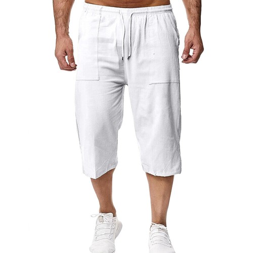 Pantalones Cortos de Carga Para Hombre Algodón Lino Cintura Elástica 3/4 Longitud Capri Cortos - Imagen 11 de 31