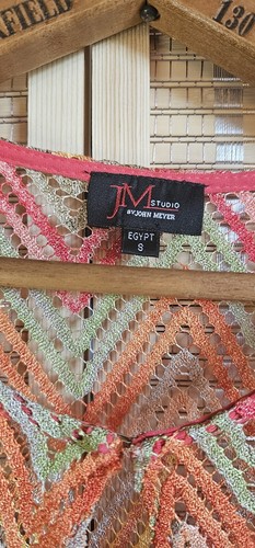 Duster Style Open-Knit Cardigan in Bright Orange Pink Green Zig-Zag Pattern - Picture 13 of 16