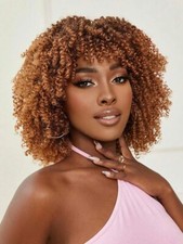 Afro Kinky Curly Brown Synthetic Heat Safe Wigs With Bangs Natural Glueless Wig