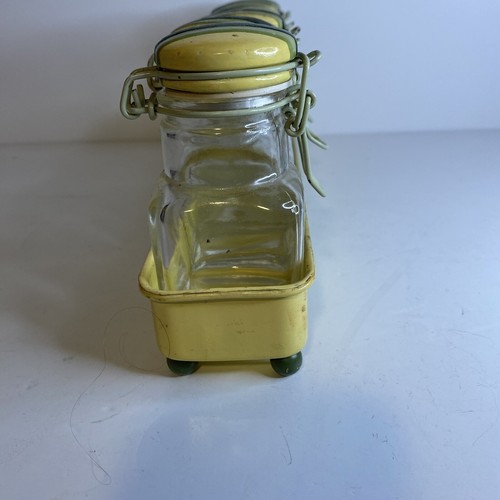 6 Vintage Yellow Green Pottery Lid Glass Canister French Country Farmhouse - Picture 4 of 23