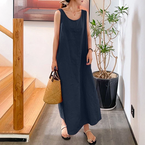 Womens Loose Camisole Dress Round Neck Cotton Linen Pocket Sleeveless Long Gown - Bild 22 von 30