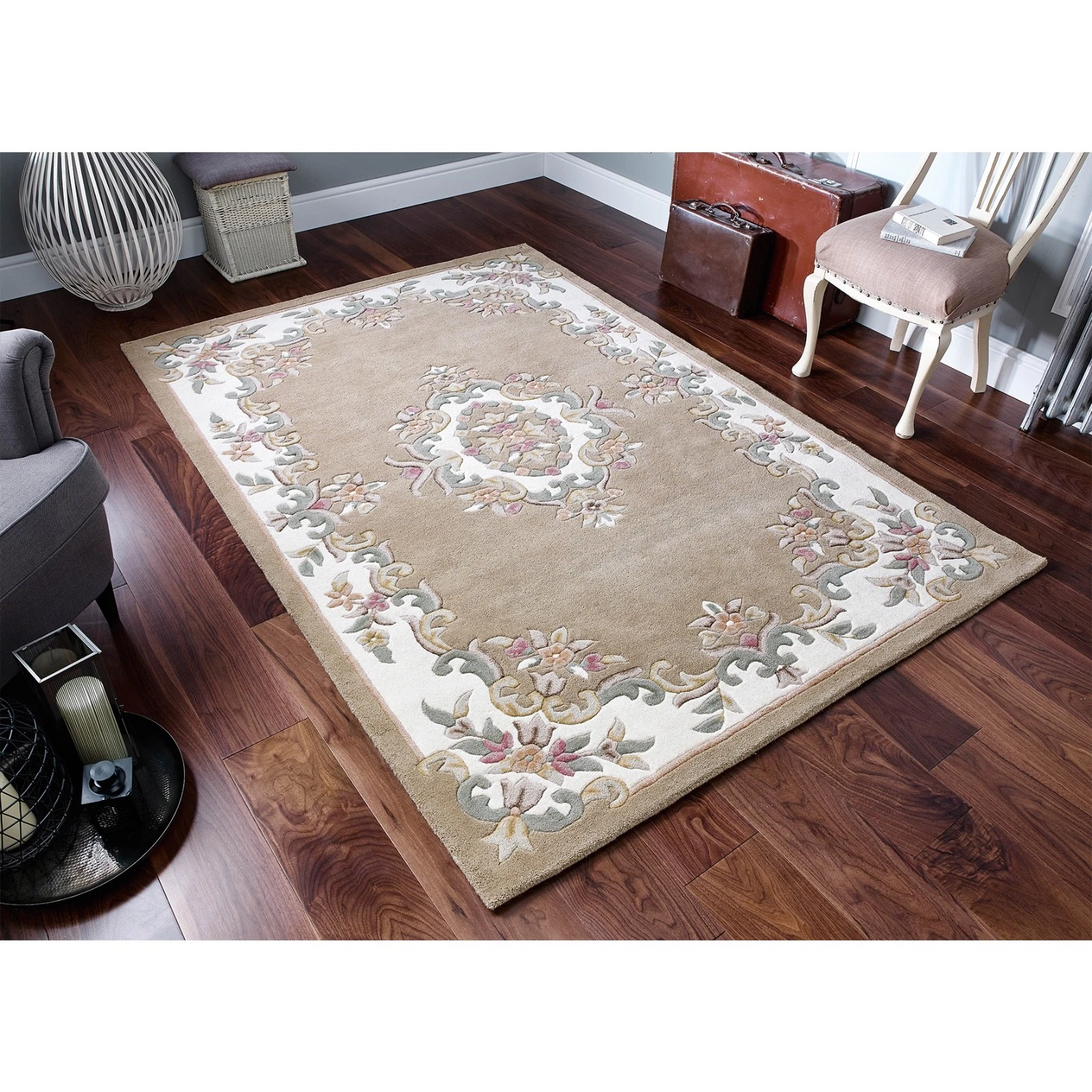 Aubusson Design Quality Rug beige Super Thick Hand tufted 100% Wool RUG 25%OF