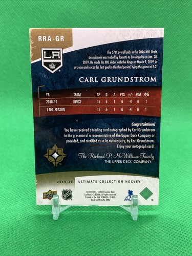 2019-20 UD Ultimate Collection Retro #RRA-GR Carl Grundstrom #41/225 RC AUTO - Picture 2 of 2